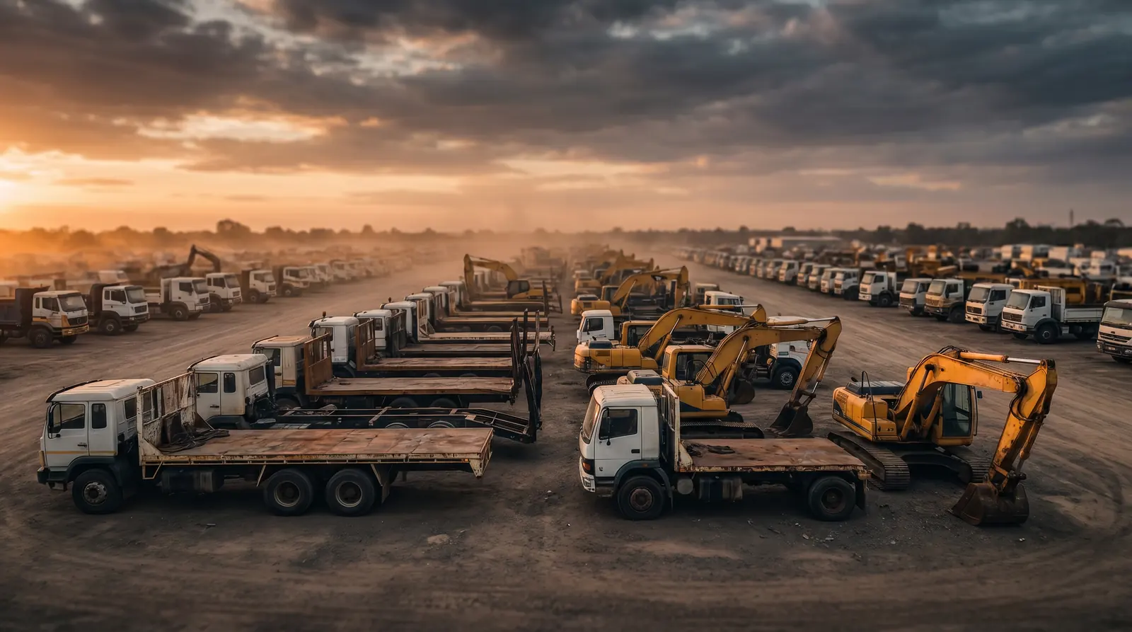 Trucks and machinery lined up at dusk — get your equipment finance quote reviewed