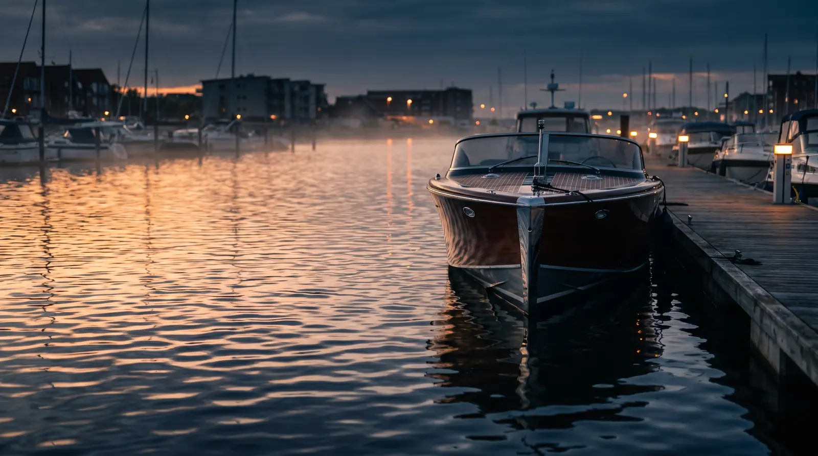 Modern motorboat moored at a marina at dusk — boat and marine finance