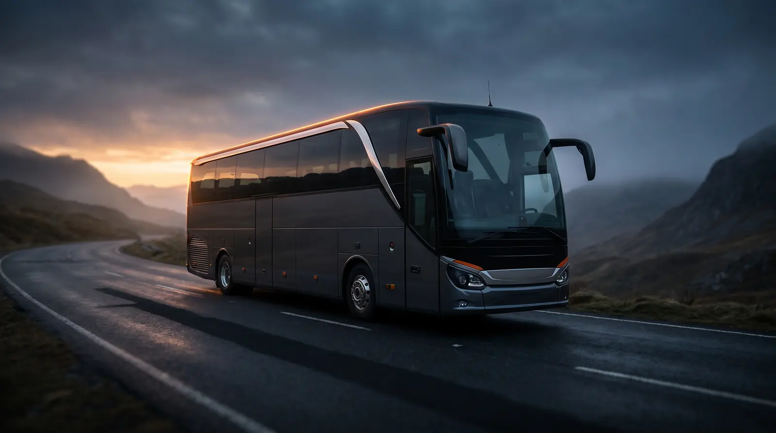 Modern touring coach at dusk — bus and coach finance