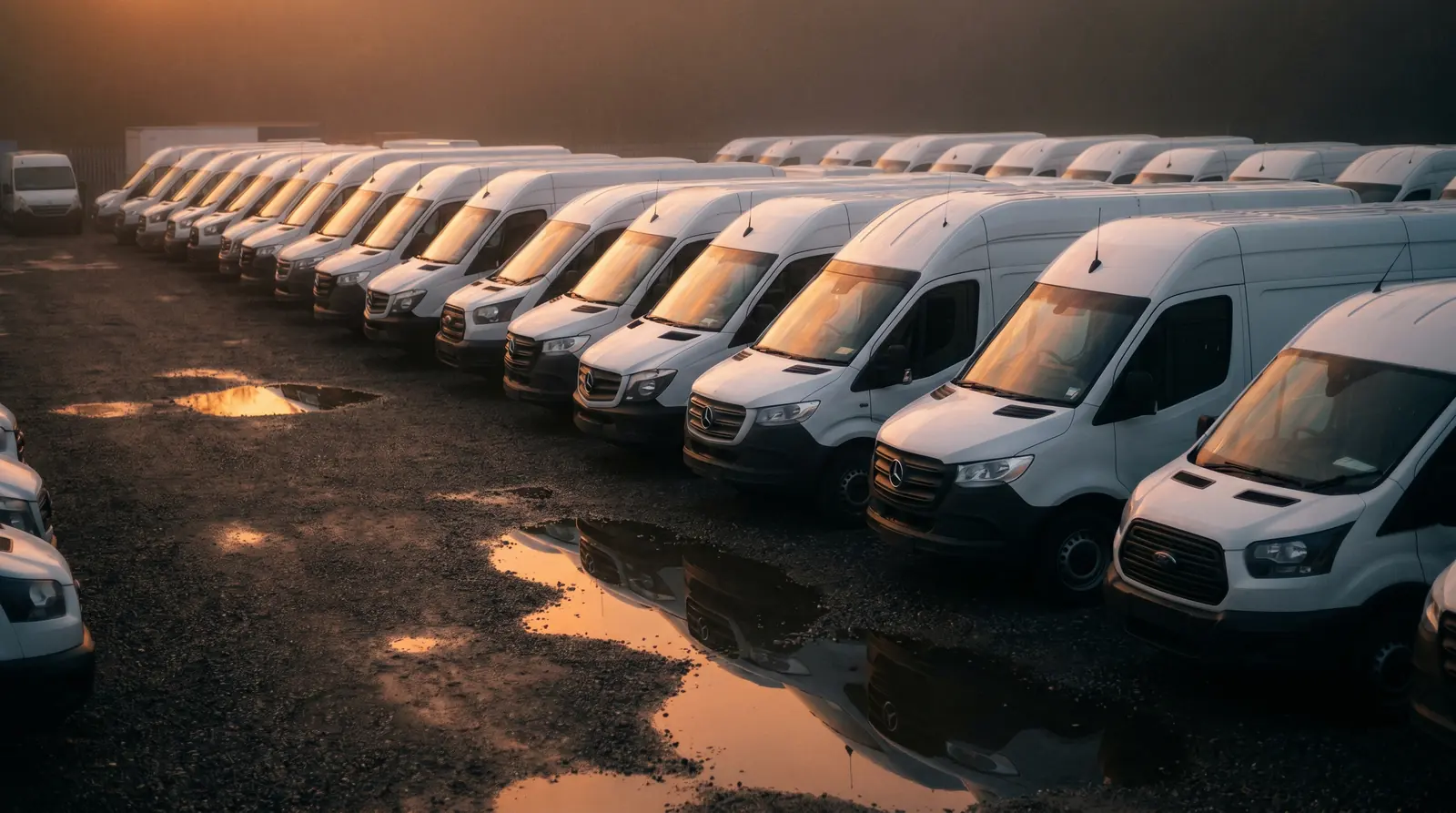 Fleet of commercial work vans lined up in a depot at dusk — business vehicle finance