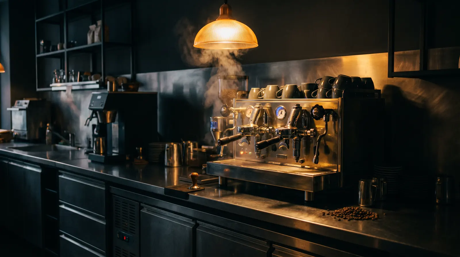 Commercial espresso machine and stainless-steel cafe kitchen at dusk — cafe and hospitality equipment finance