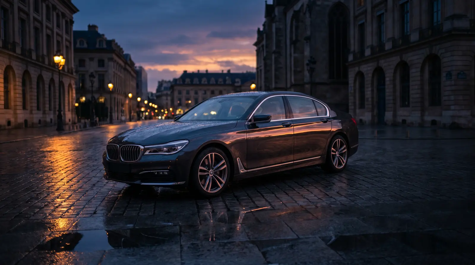 Premium modern car on a city forecourt at dusk — business and private car finance