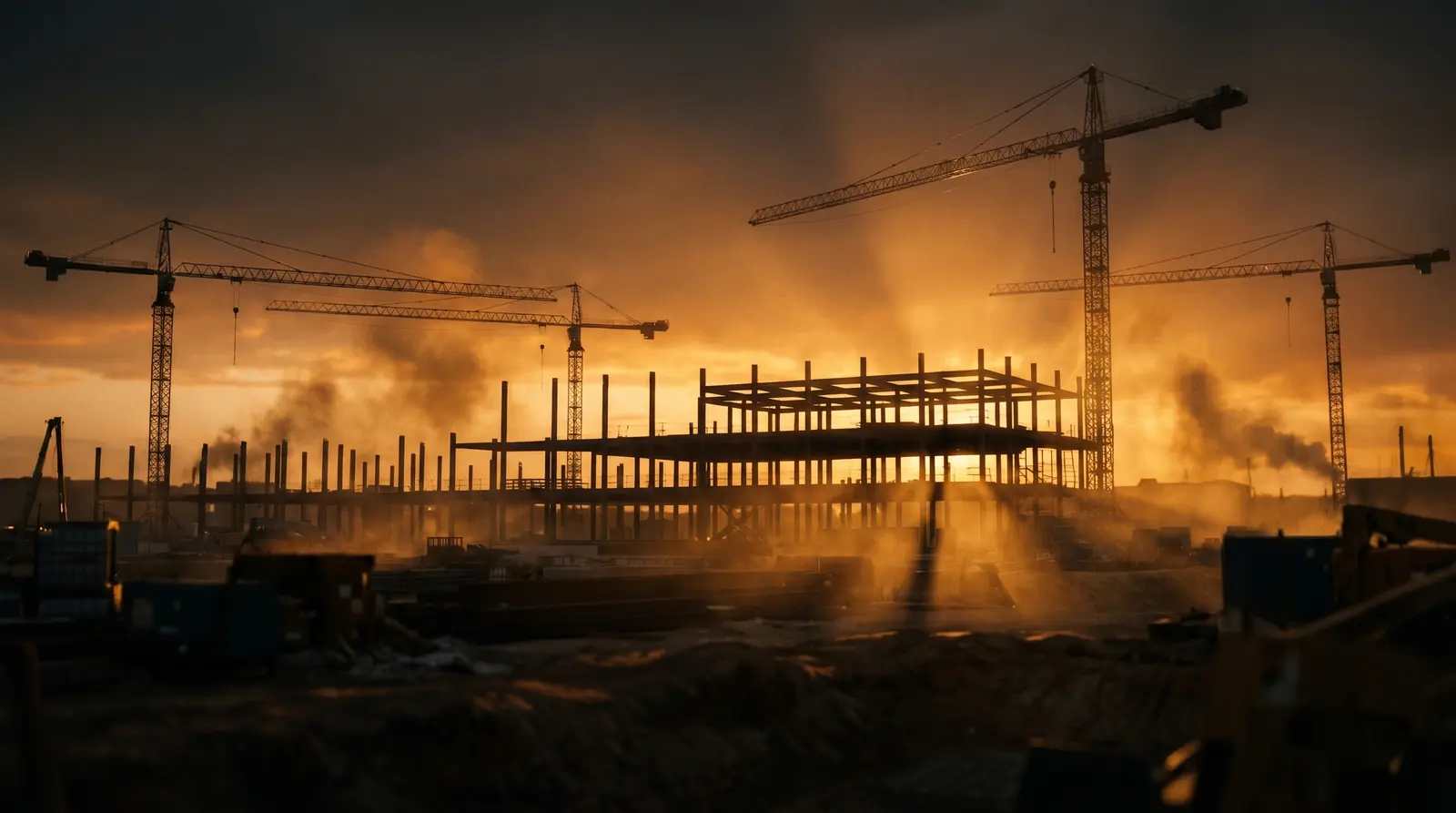 Construction site with tower cranes at dusk — construction equipment finance