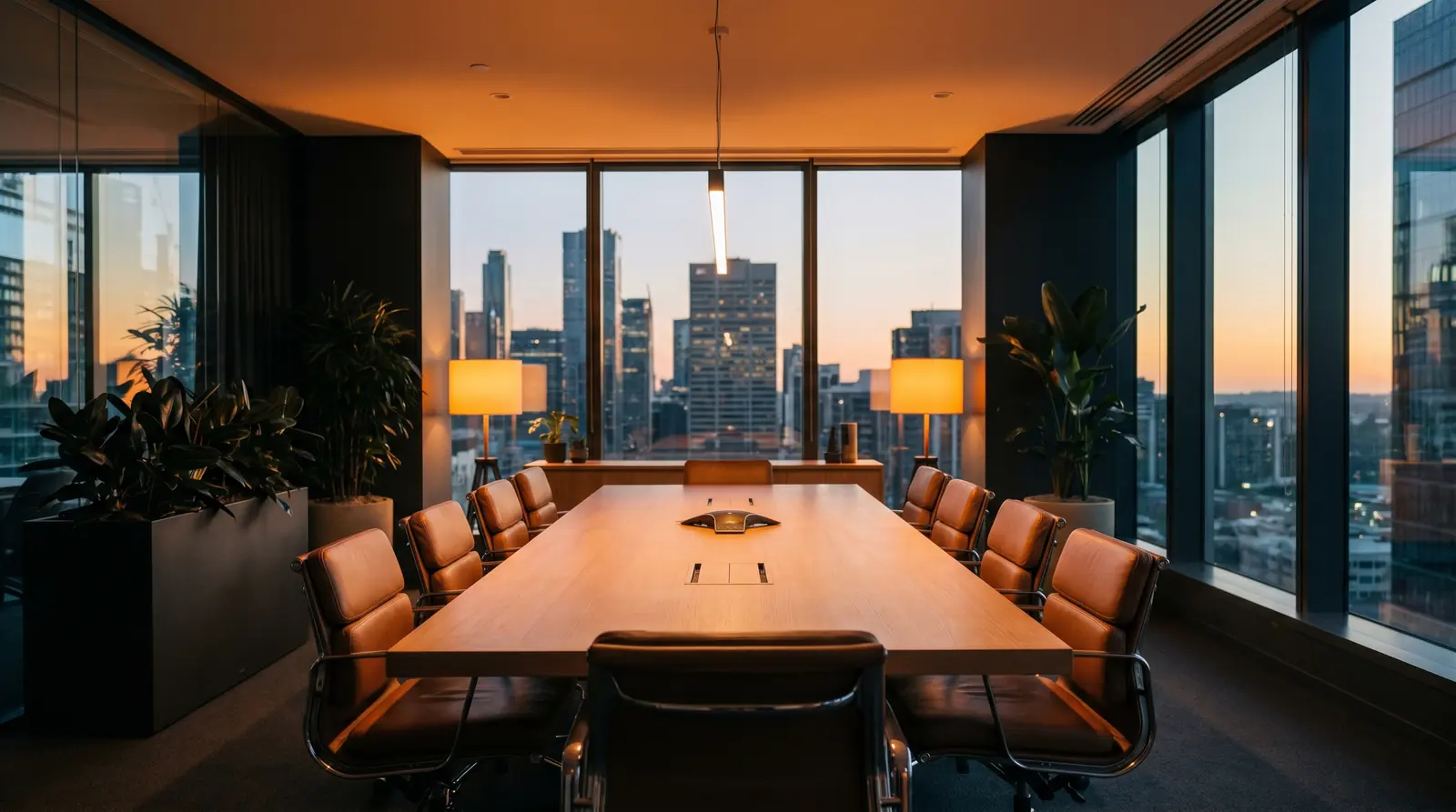 Modern finance brokerage office at dusk — contact Equipment Financing Australia