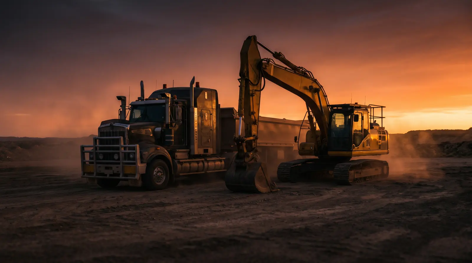 Truck and excavator at dusk — how equipment finance works with Equipment Financing Australia