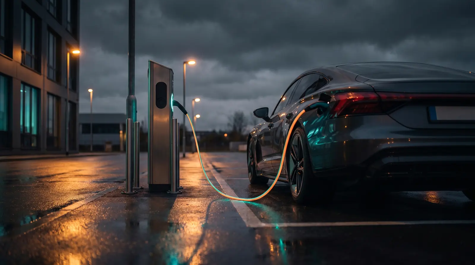 Electric vehicle charging at dusk — EV and hybrid vehicle finance