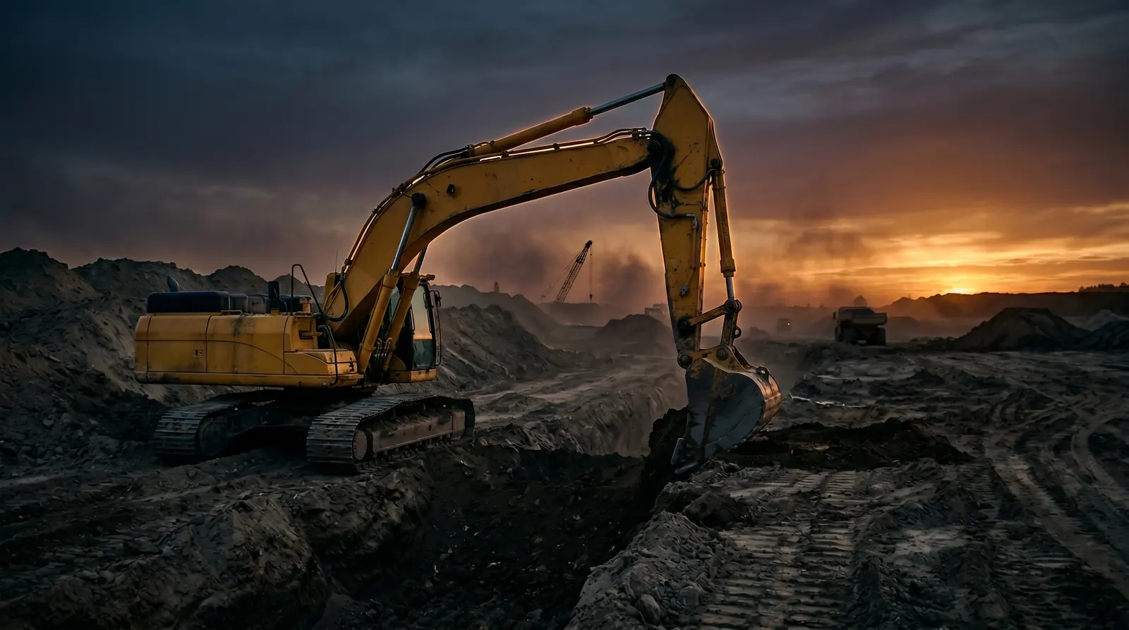 Hydraulic excavator on an earthworks site at dusk — excavator and earthmoving finance