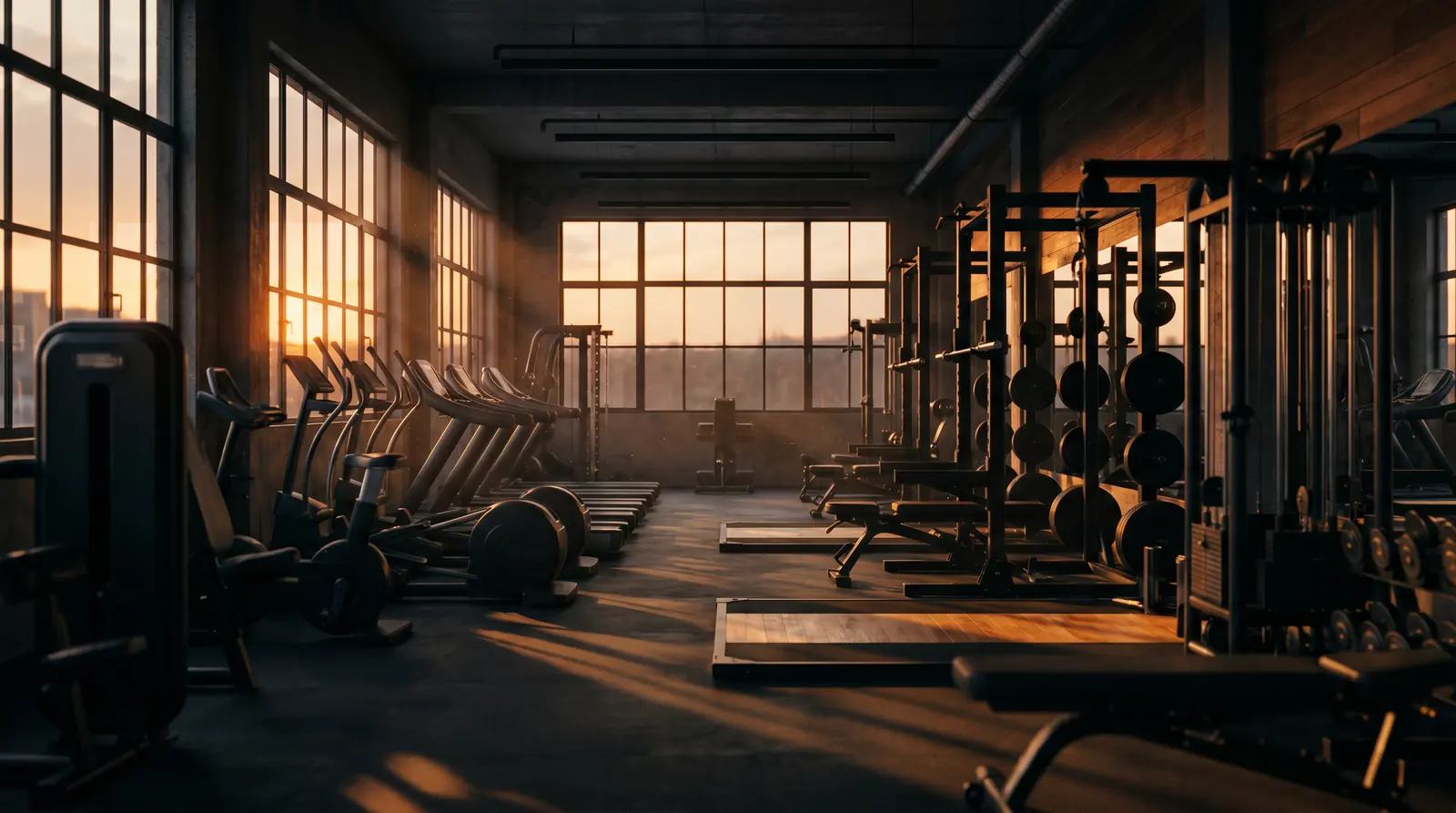 Modern gym with rows of fitness equipment at dusk — gym and fitness equipment finance