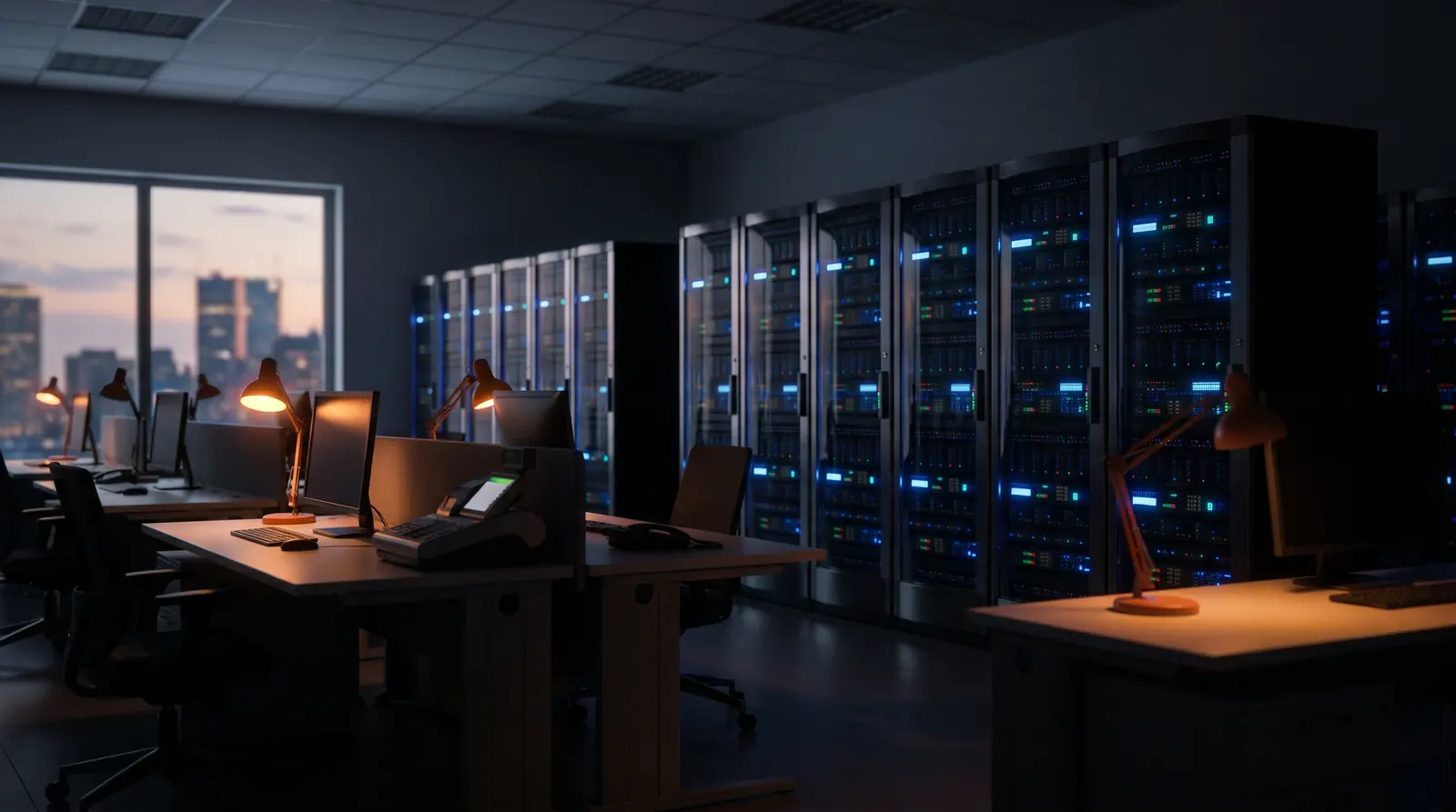 Server racks and office workstations at dusk — IT, office and POS equipment finance