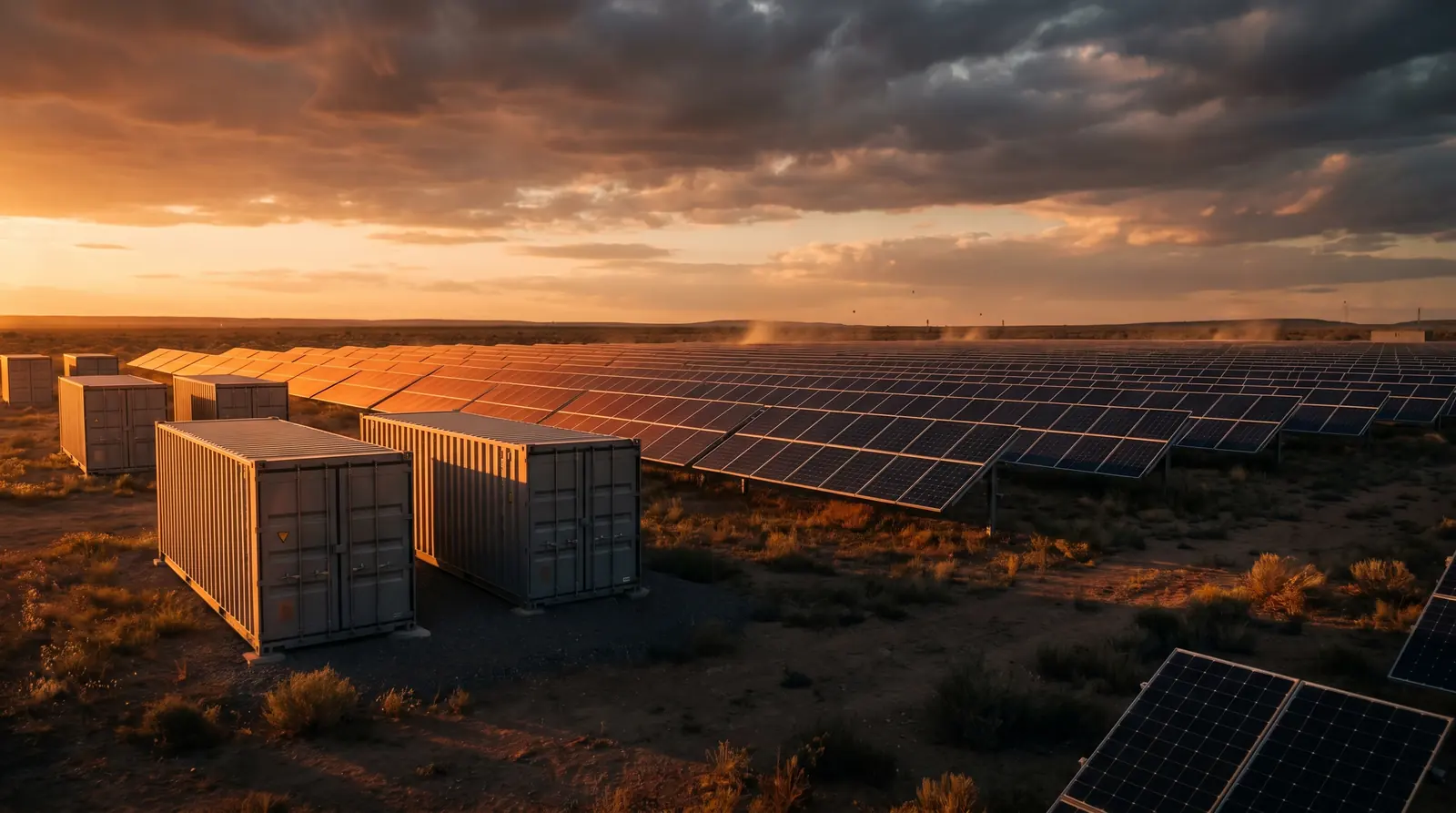 Commercial solar panels and battery storage at dusk — solar and battery finance