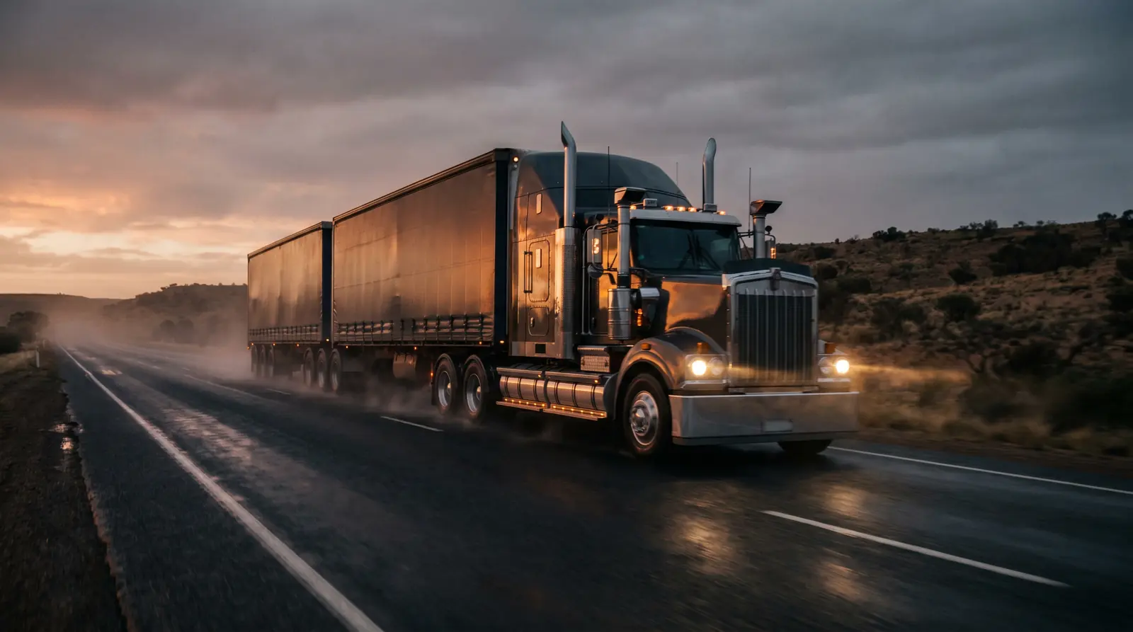 Australian prime-mover semi truck on the highway at dusk — truck finance