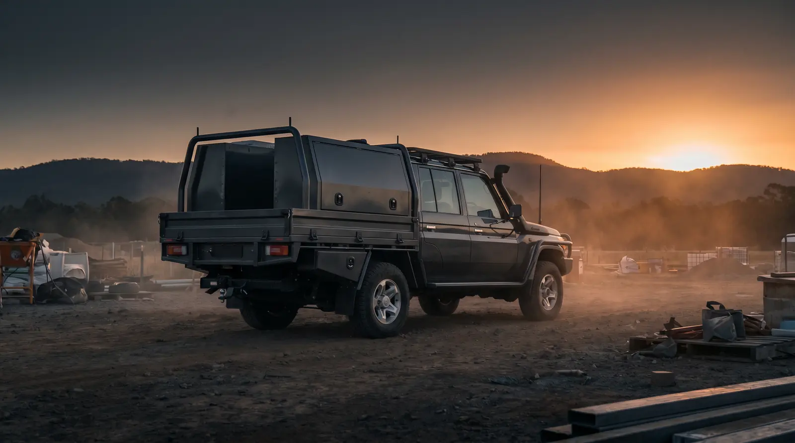 Australian dual-cab 4x4 ute with tray and toolboxes on a work site at dusk — ute finance